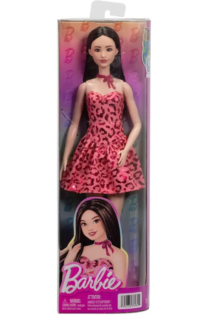 Barbie Fashionistas Doll with Black Hair, Pink Leopard Print Strapless Dress JJN59