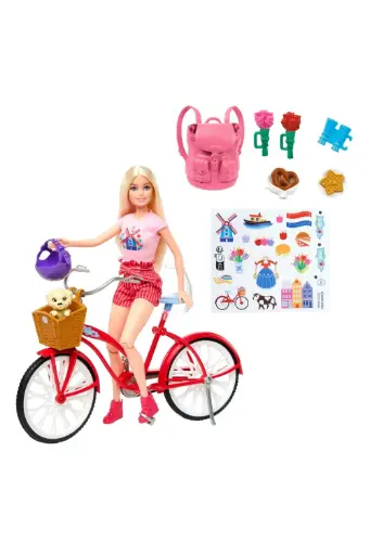[GRLSAQCHWJ00] Barbie Pink Passport Holland Doll Set With Bicycle, Clothes, & Travel Accessories HWJ00
