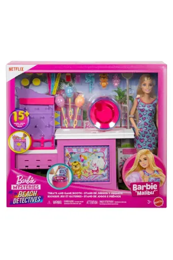 [GRLSAQCJFV67] Barbie Mysteries: Beach Detectives Malibu Doll & Cotton Candy Game Booth Playset JFV67